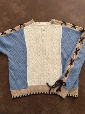 Cable Knit Scoop Neck Sweater in Blue, Cream & Tan